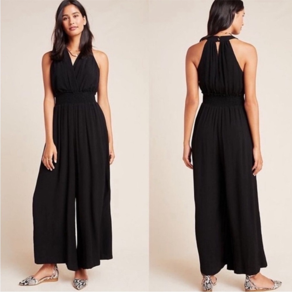 Anthropologie Viscose Blend Black Halter Wide Leg Neutral Jumpsuit